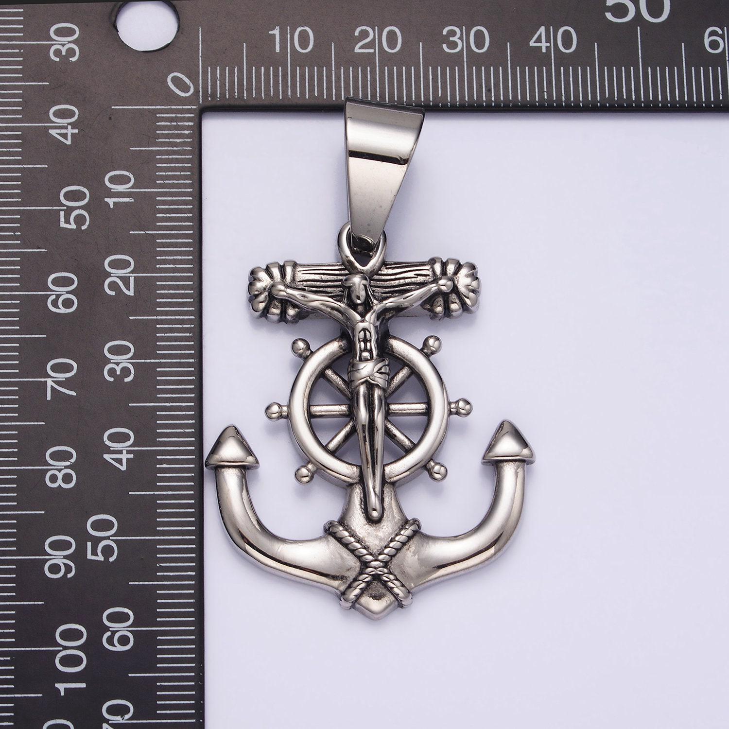 Stainless steel 45.5mm crucifix jesus steering wheel anchor pendant | p823