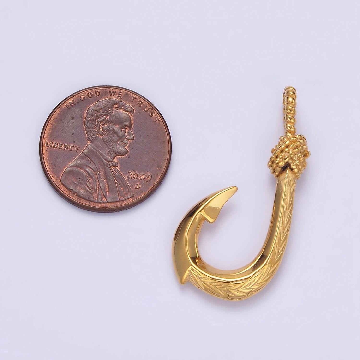 Gold fish hook charm pendant stainless steel fishing hook, nautical charm, fish hook anchor pendant p788