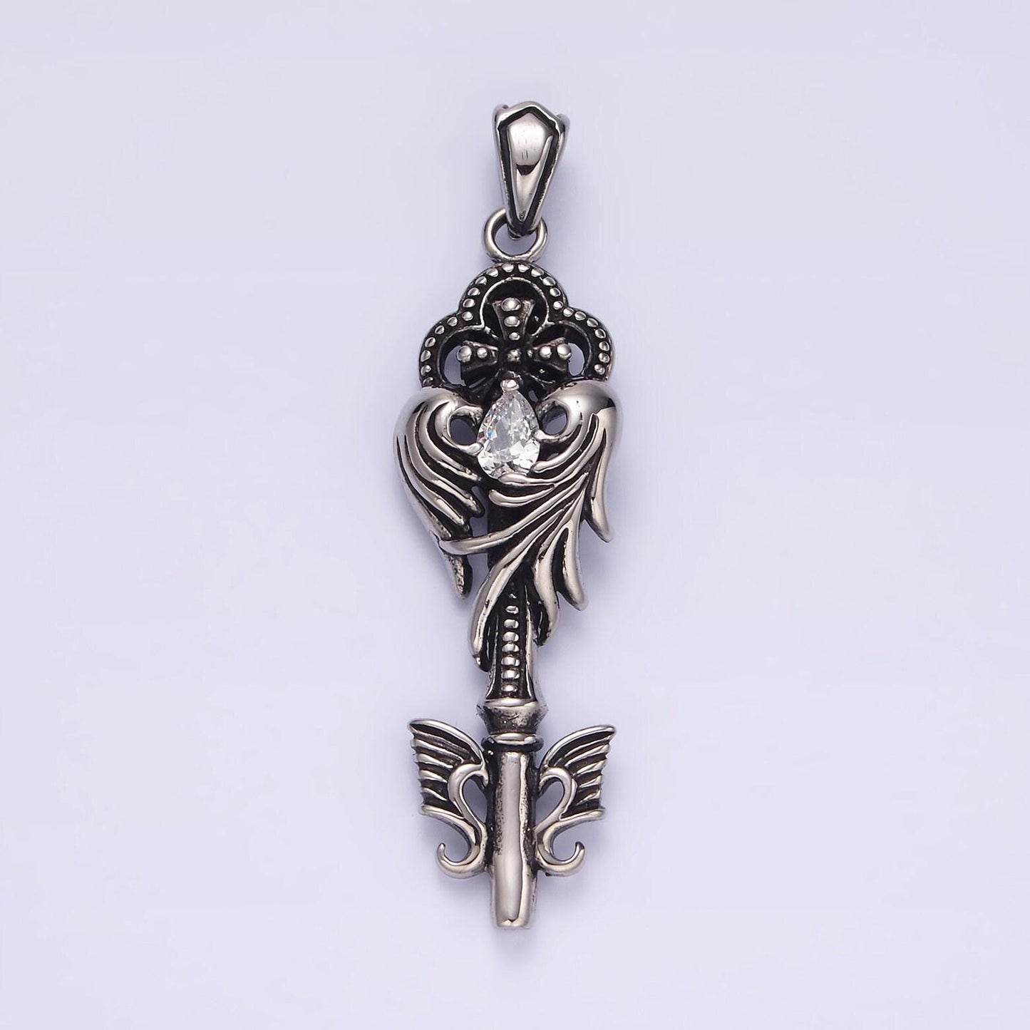 Stainless steel clear teardrop cz wings beaded pattee quatrefoil key pendant | p743