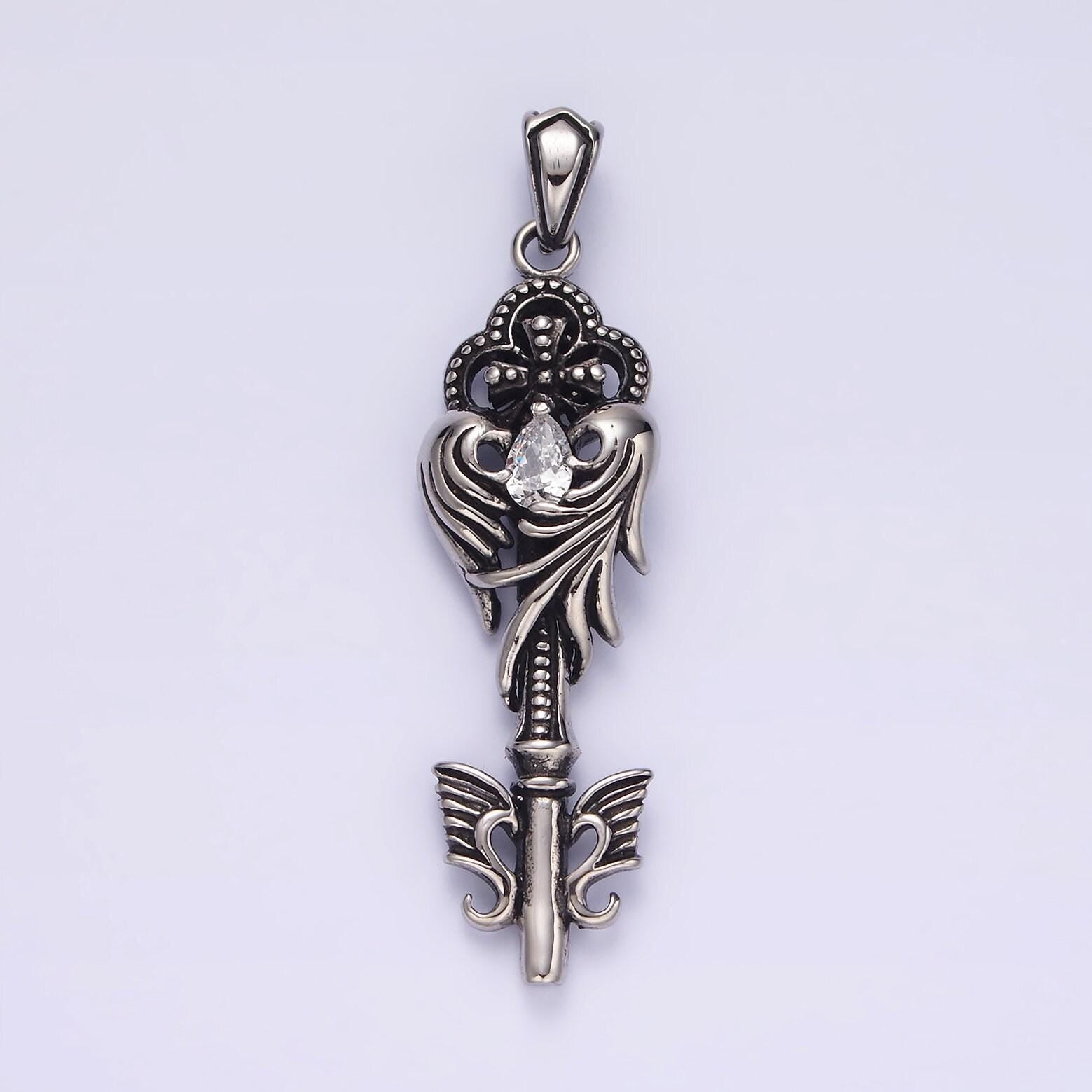 Stainless steel clear teardrop cz wings beaded pattee quatrefoil key pendant | p743