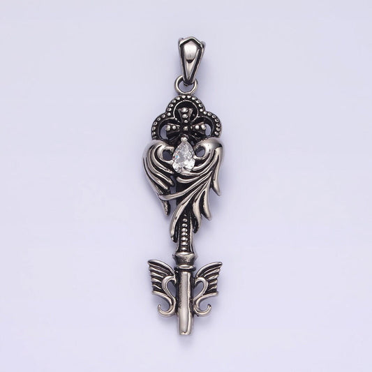 Stainless steel clear teardrop cz wings beaded pattee quatrefoil key pendant | p743