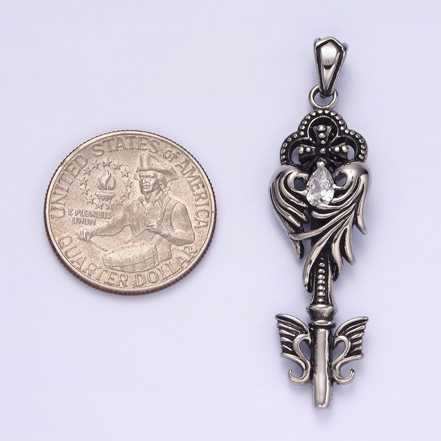 Stainless steel clear teardrop cz wings beaded pattee quatrefoil key pendant | p743