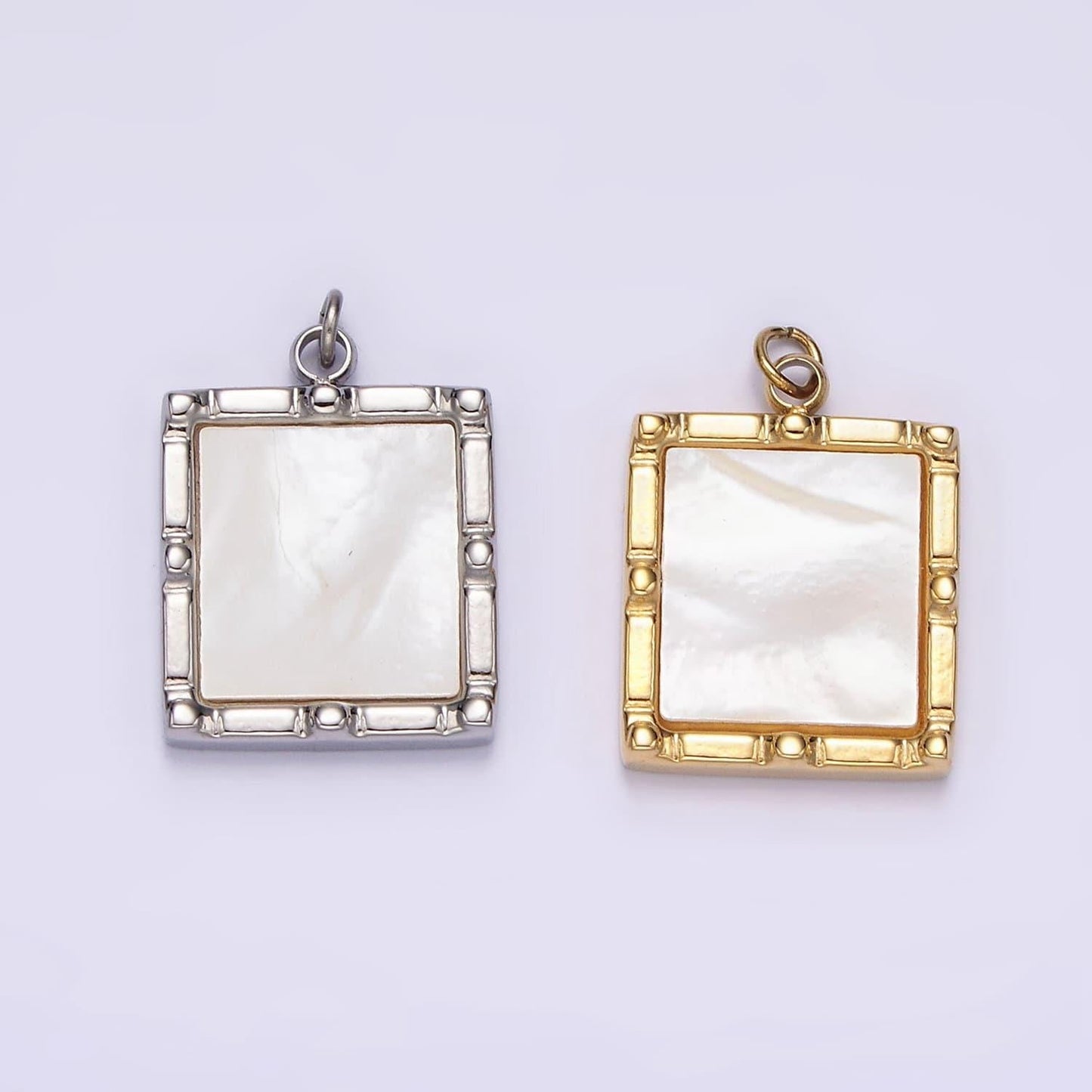Stainless steel 15mm shell pearl square bar dot bezel charm in silver & gold | p682 p683