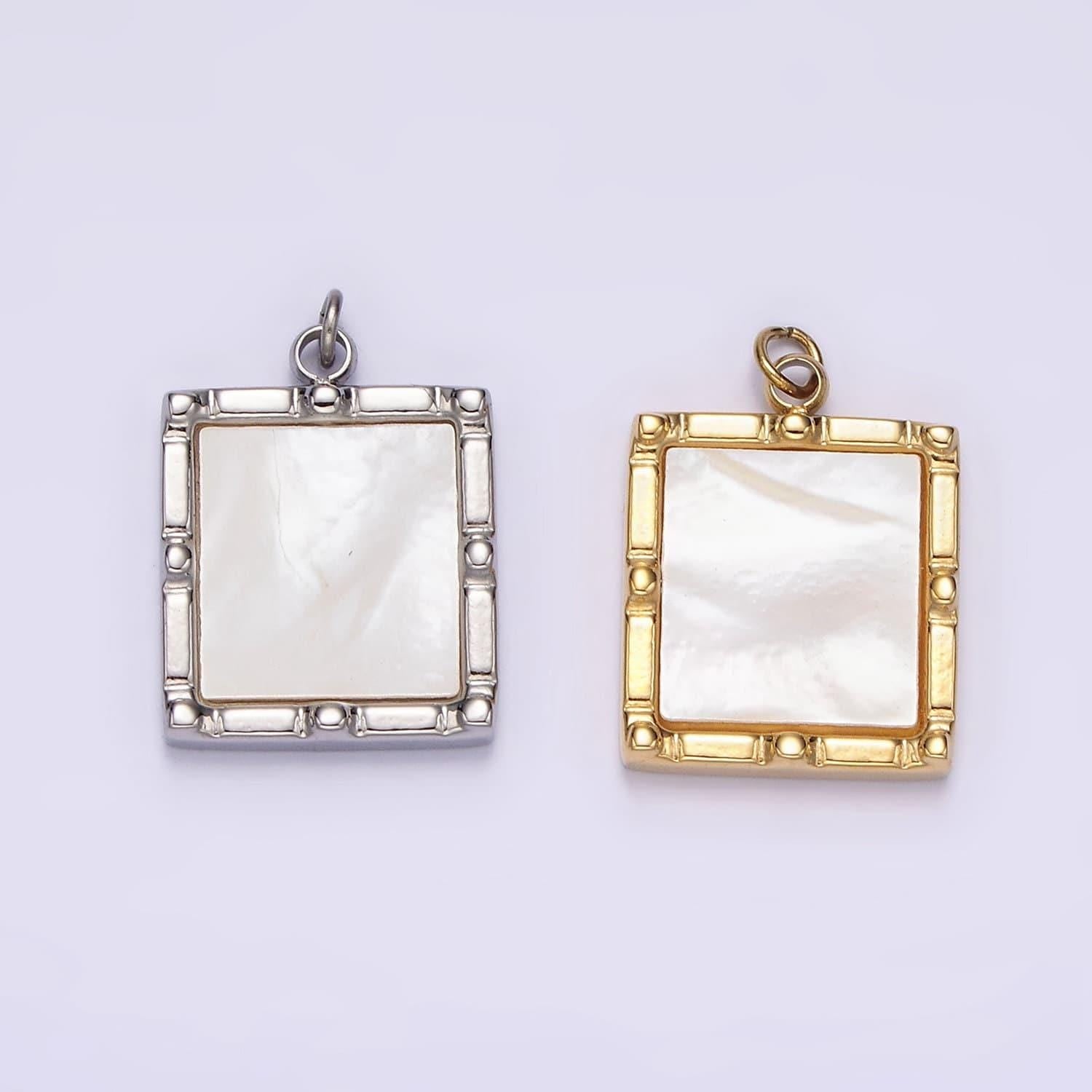 Stainless steel 15mm shell pearl square bar dot bezel charm in silver & gold | p682 p683