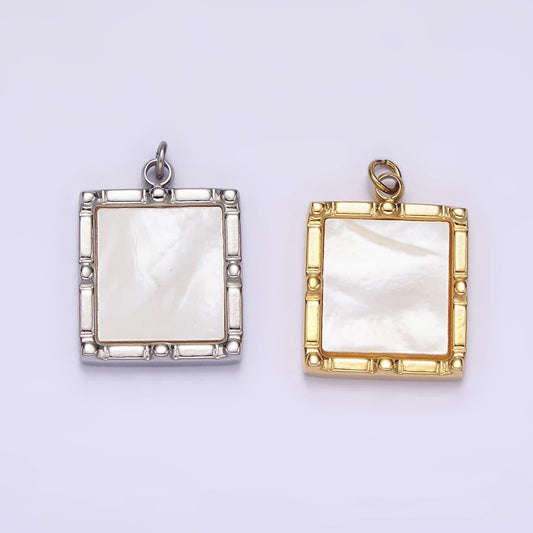Stainless steel 15mm shell pearl square bar dot bezel charm in silver & gold | p682 p683