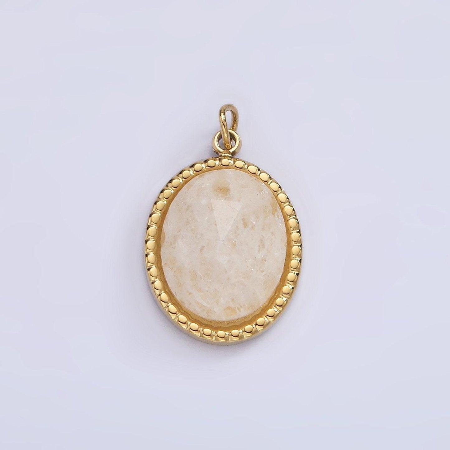 Stainless steel clear quartz, amazonite, zoisite, aventurine, lapis lazuli bezel oval charm in silver & gold | p688 - p697