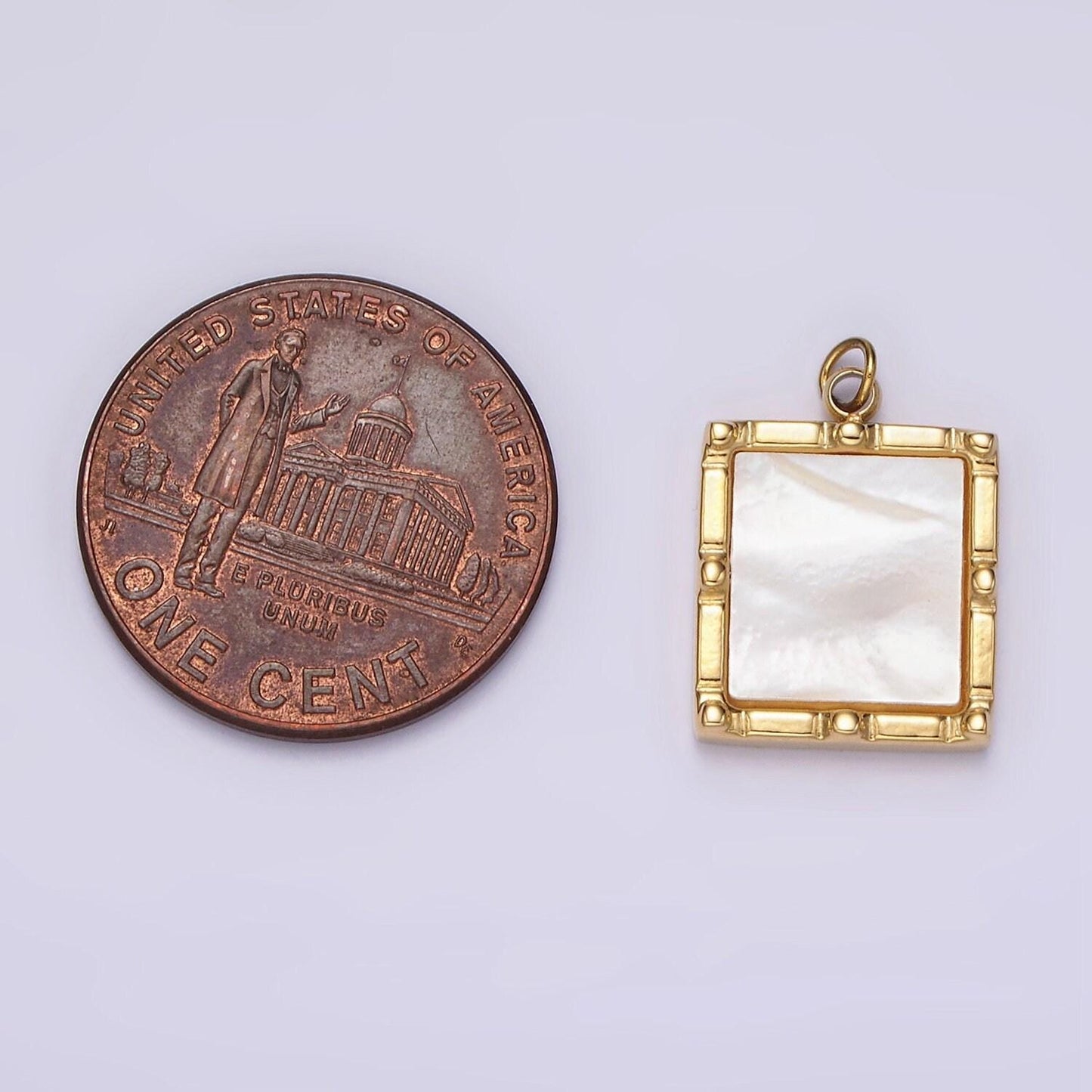 Stainless steel 15mm shell pearl square bar dot bezel charm in silver & gold | p682 p683