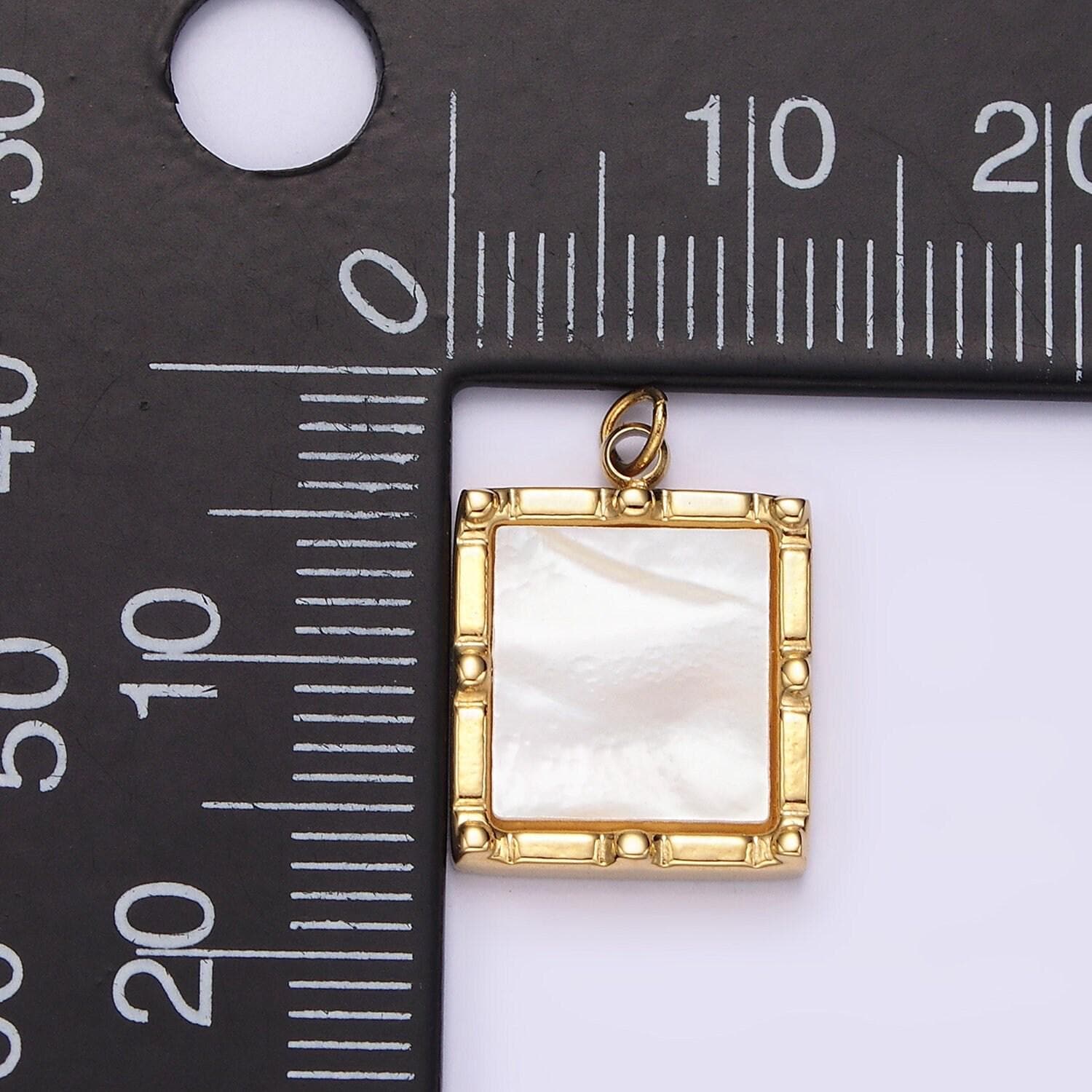 Stainless steel 15mm shell pearl square bar dot bezel charm in silver & gold | p682 p683