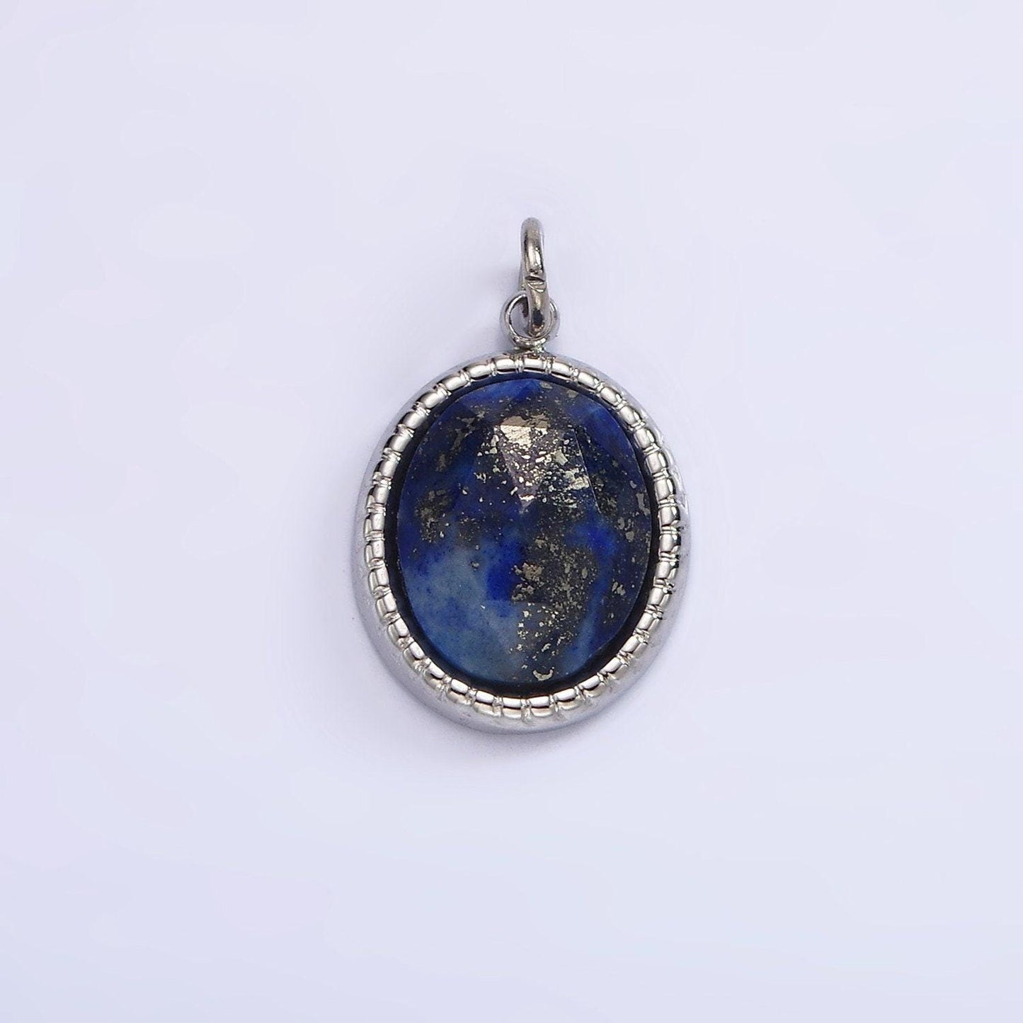 Stainless steel clear quartz, amazonite, zoisite, aventurine, lapis lazuli bezel oval charm in silver & gold | p688 - p697