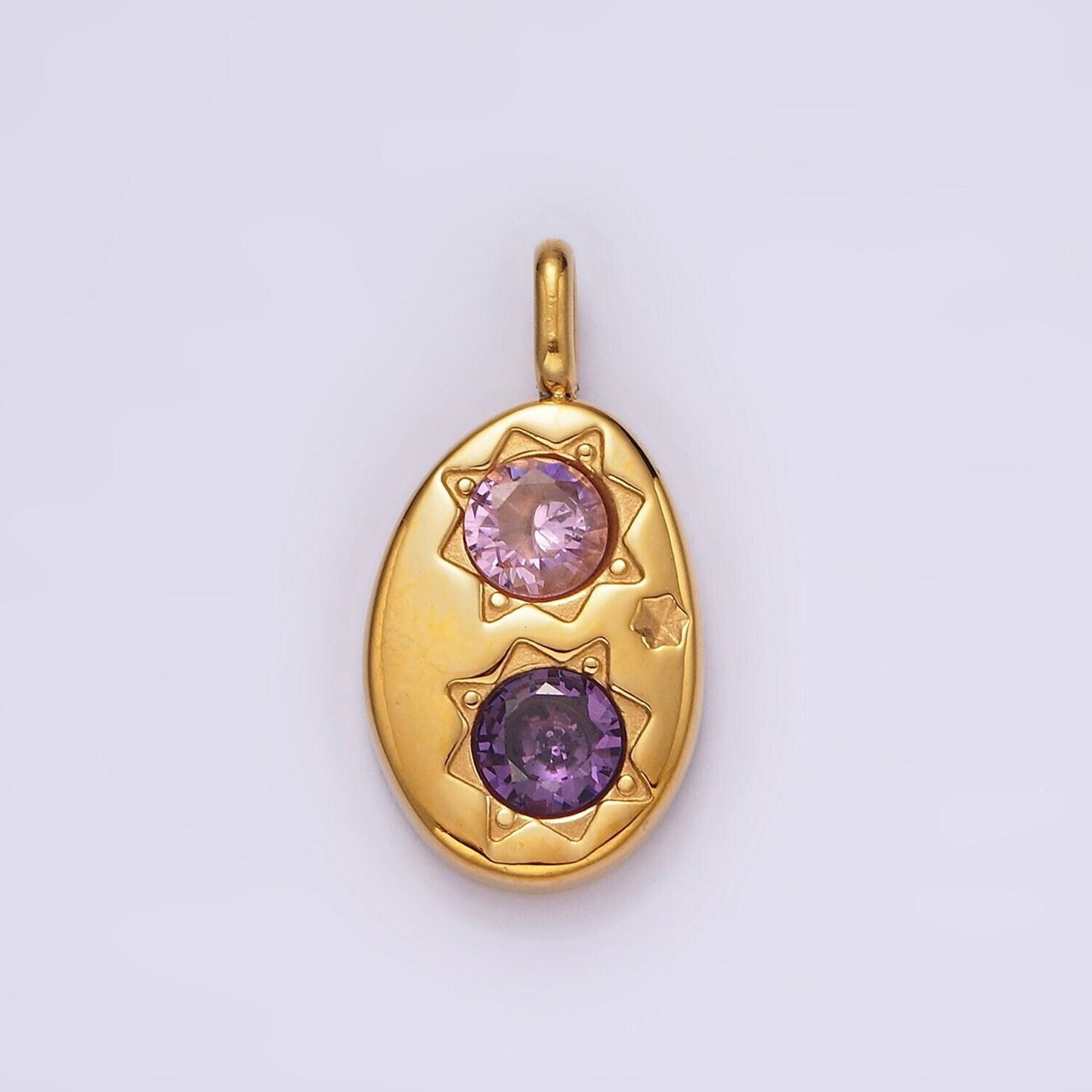Stainless steel double celestial sun purple pink cz oval pendant in gold & silver | p671 p672