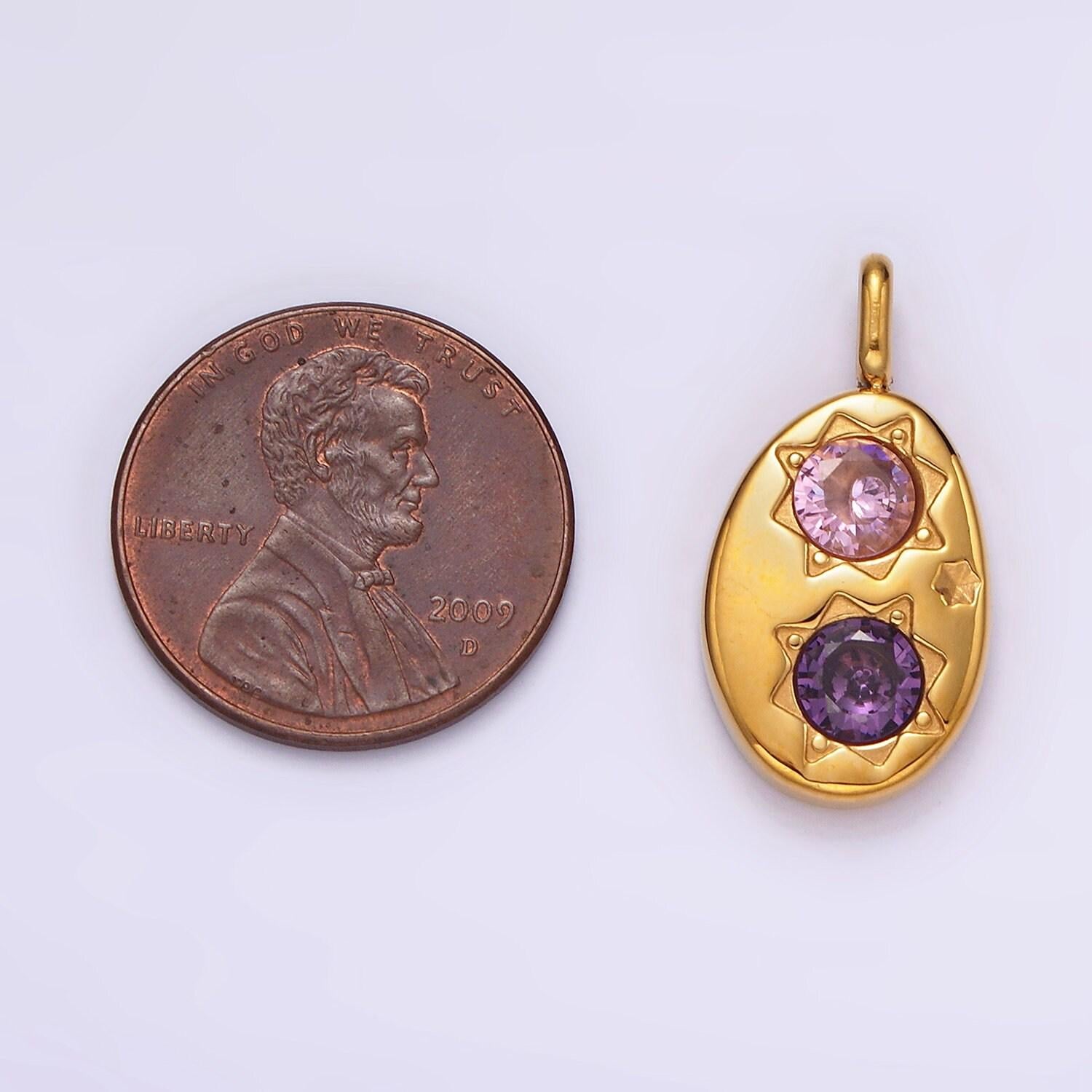 Stainless steel double celestial sun purple pink cz oval pendant in gold & silver | p671 p672