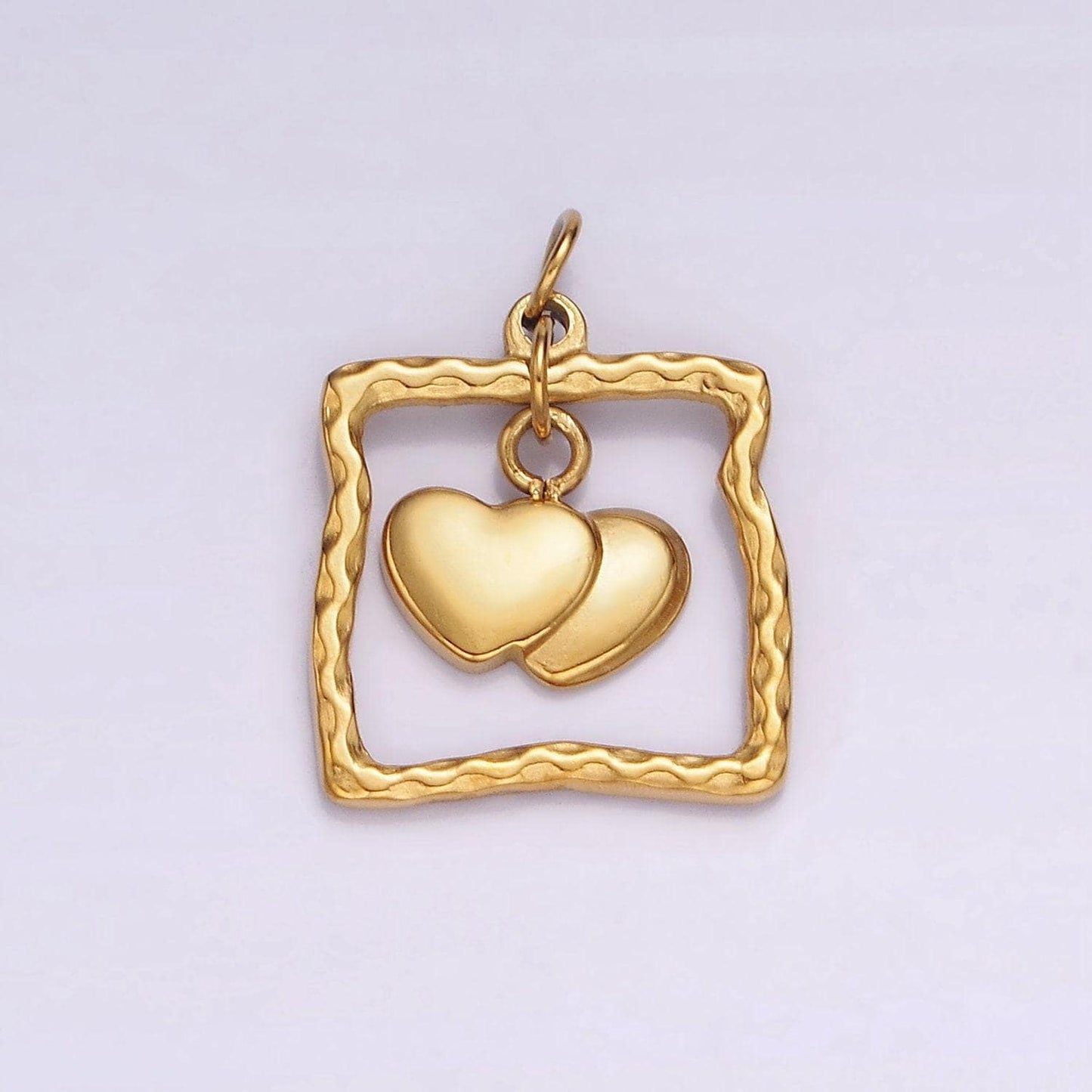 Stainless steel double heart drop open abstract square frame charm | p664