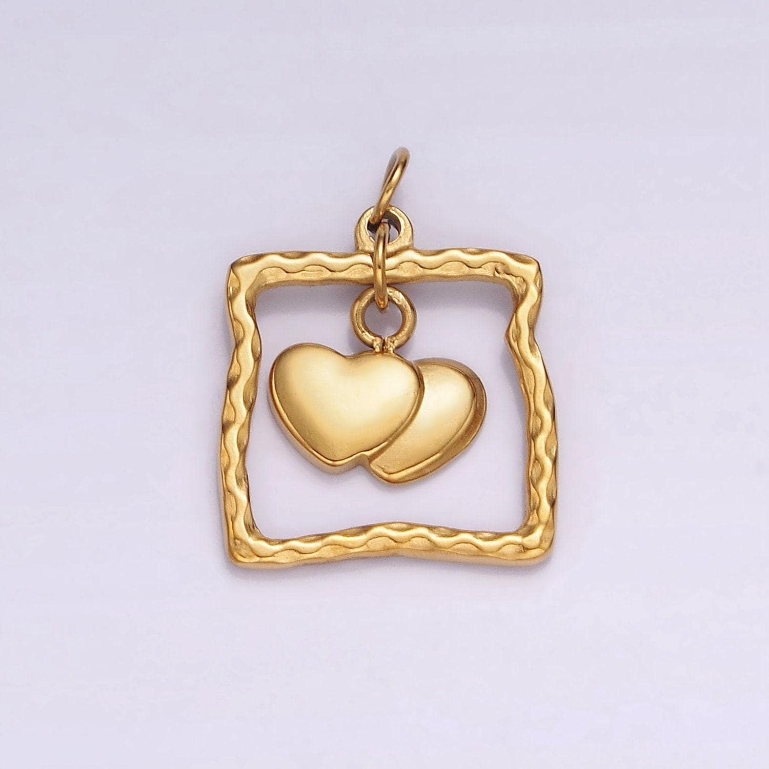 Stainless steel double heart drop open abstract square frame charm | p664
