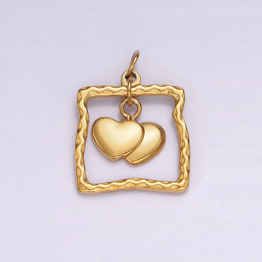 Stainless steel double heart drop open abstract square frame charm | p664
