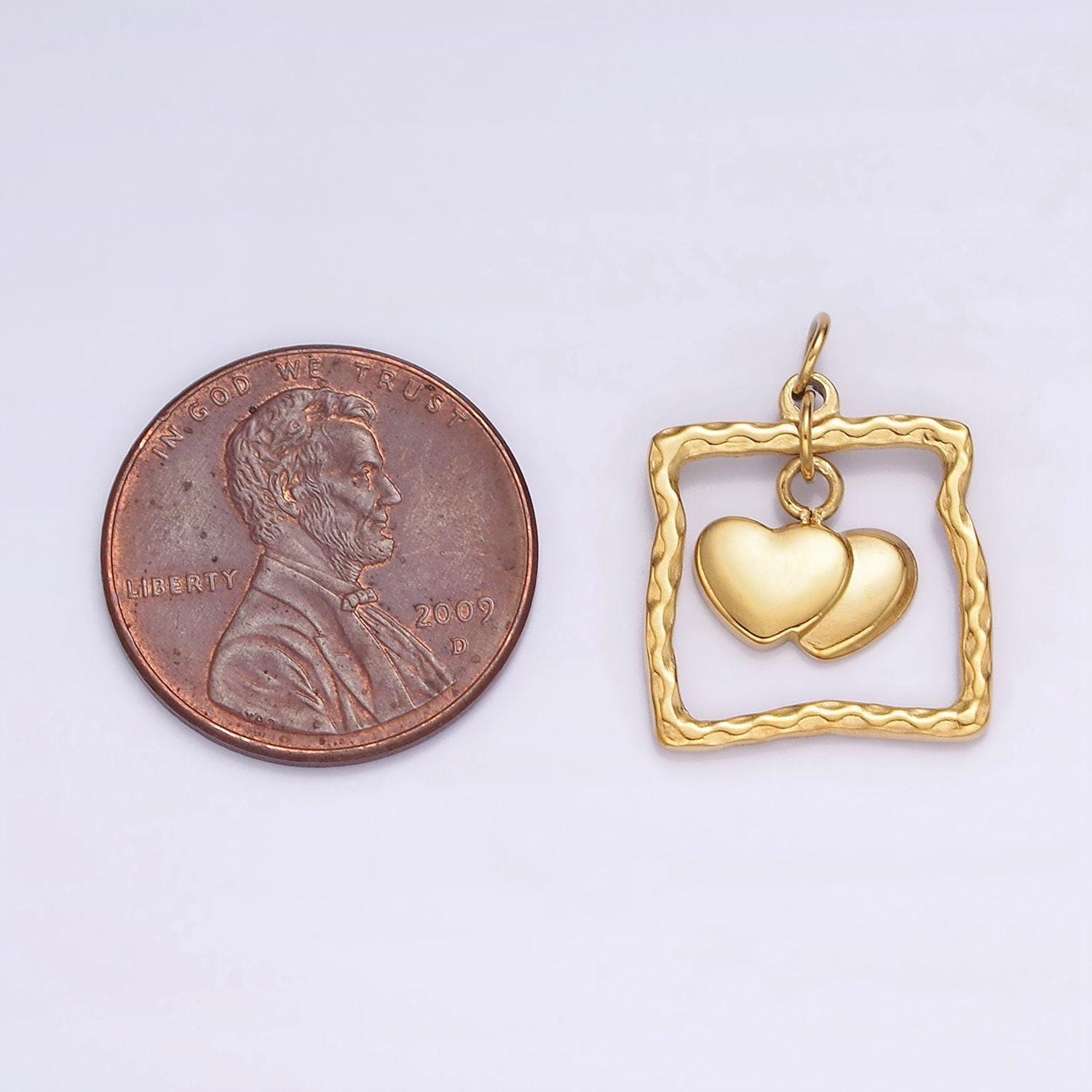 Stainless steel double heart drop open abstract square frame charm | p664