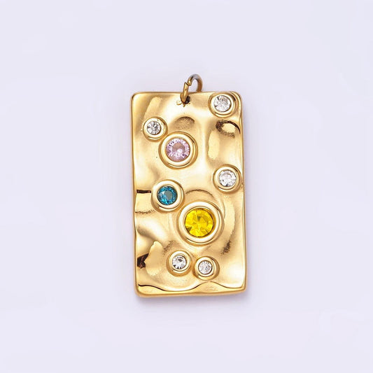 Stainless steel multicolor cz dotted dented rectangle tag charm | p657