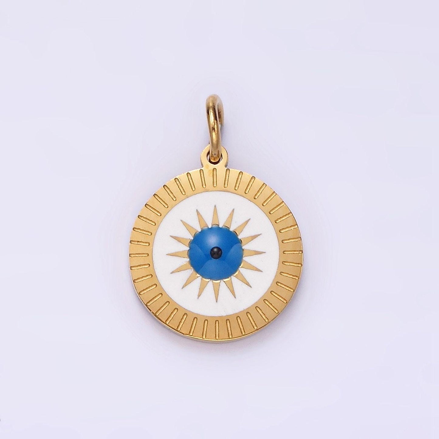 Stainless steel celestial sun evil eye lined round charm | p653