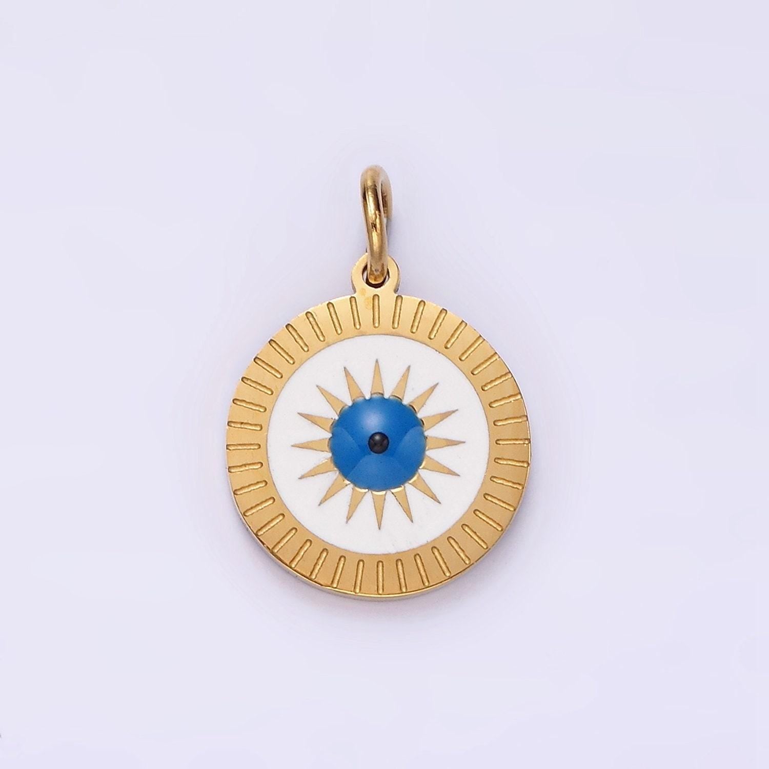 Stainless steel celestial sun evil eye lined round charm | p653