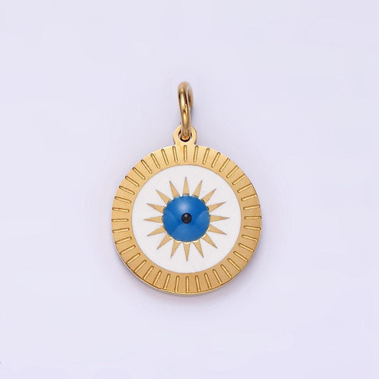 Stainless steel celestial sun evil eye lined round charm | p653