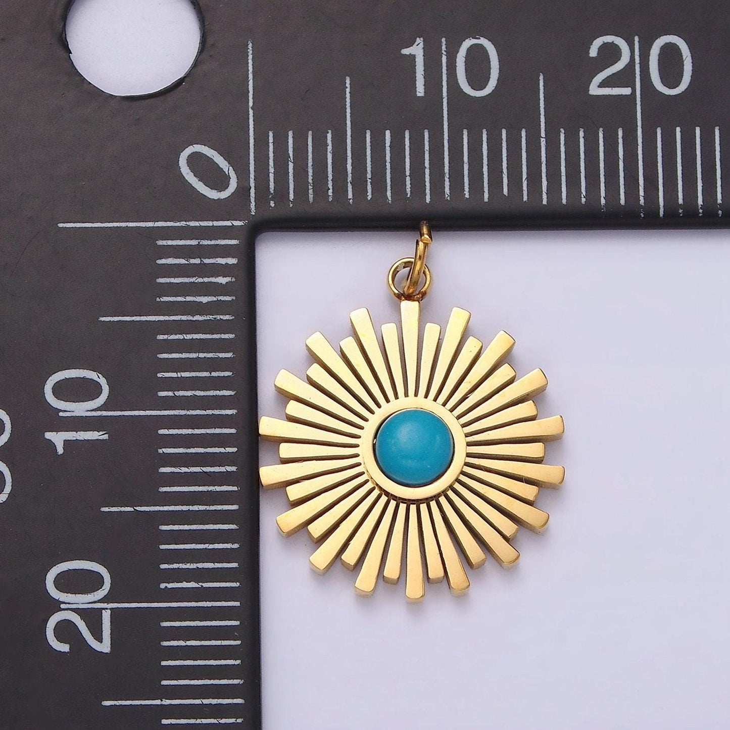 Stainless steel turquoise round sunburst bar celestial sun round charm | p650