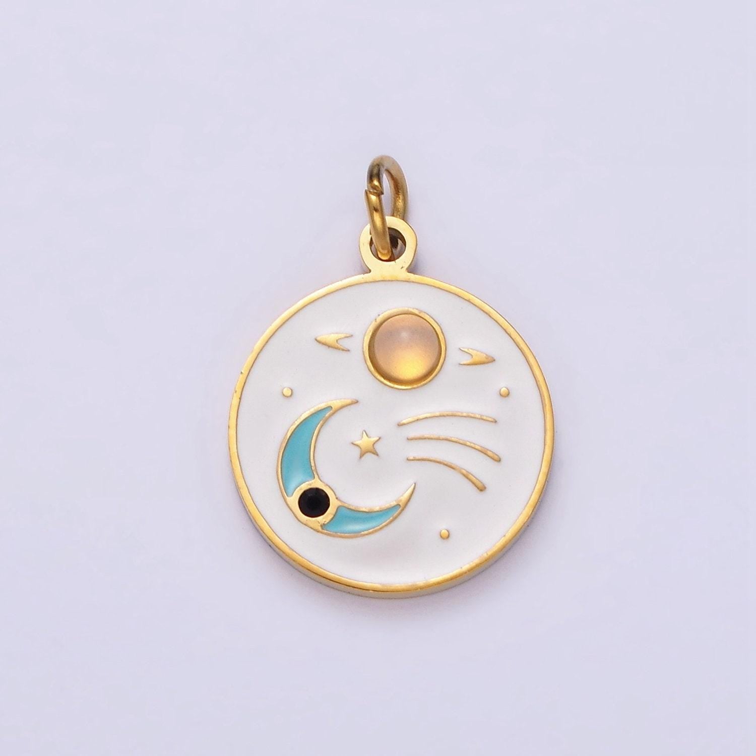 Gold stainless steel coin crescent moon charm dainty teal white enamel charm p-634