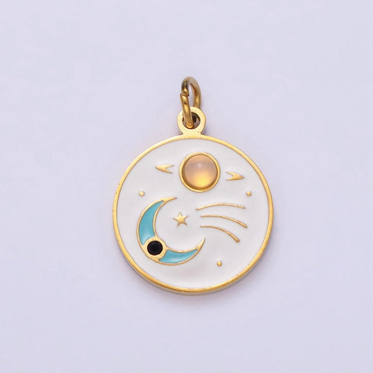 Gold stainless steel coin crescent moon charm dainty teal white enamel charm p-634
