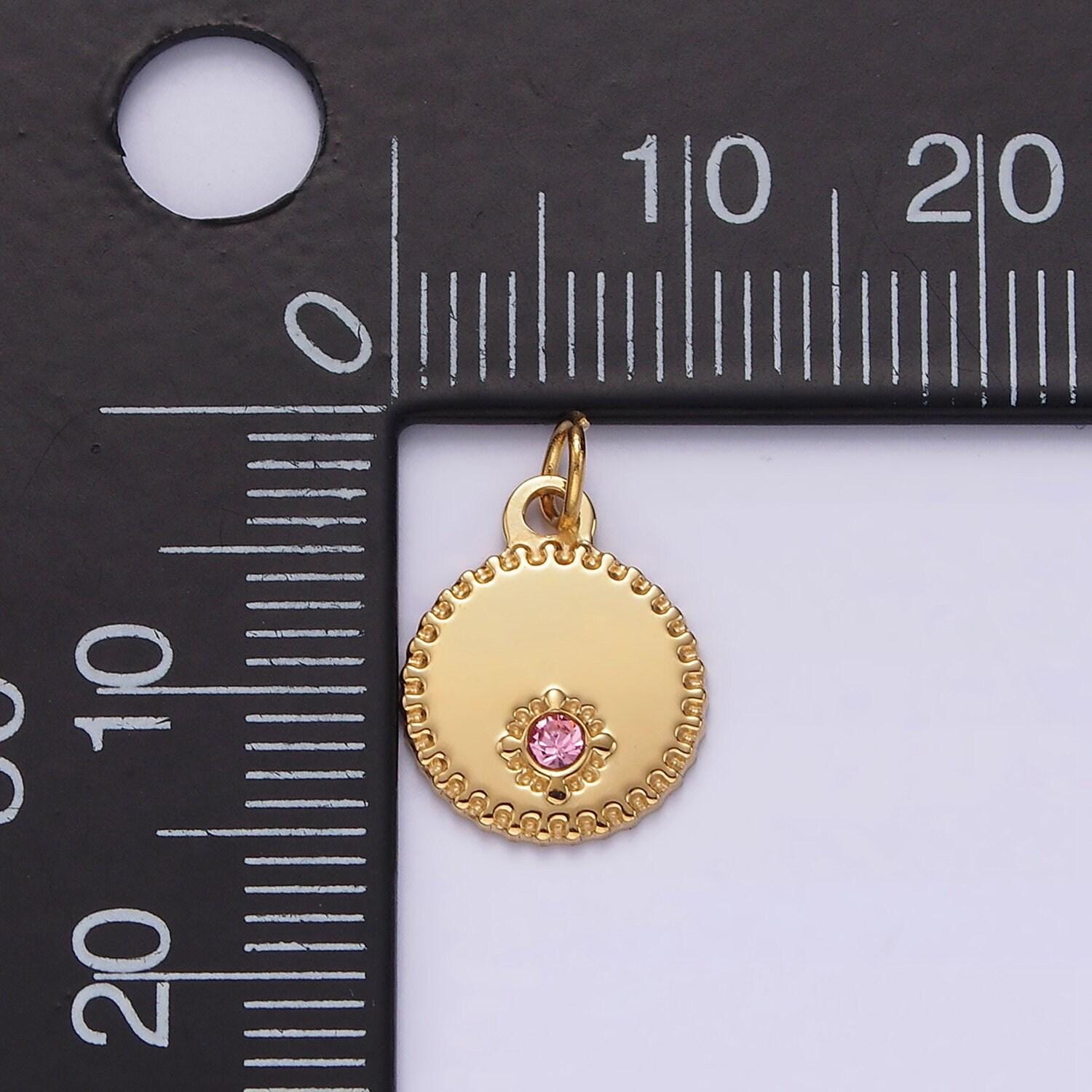 Stainless steel pink cz dotted stamped outline round charm | p632
