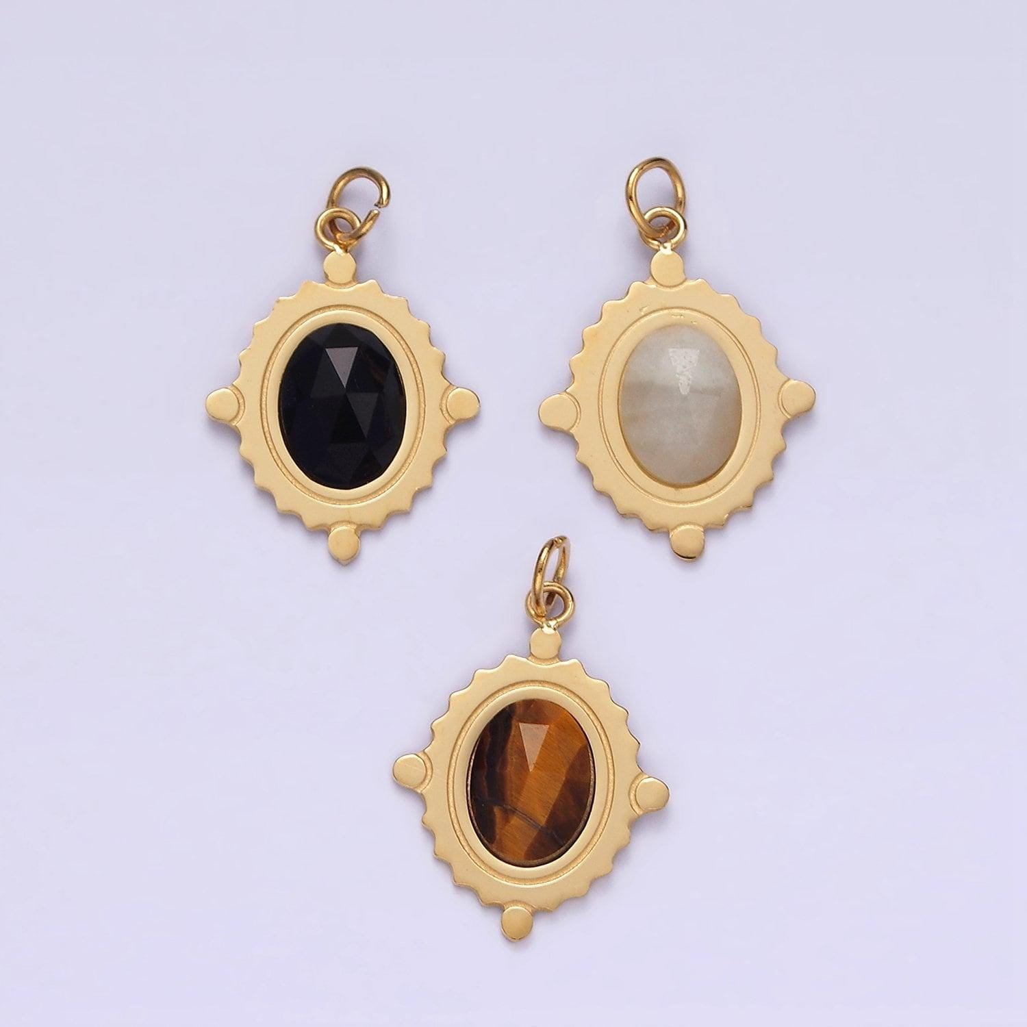 Stainless steel onyx, tiger eye, moonstone multifaceted dotted oval charm | p619 p620