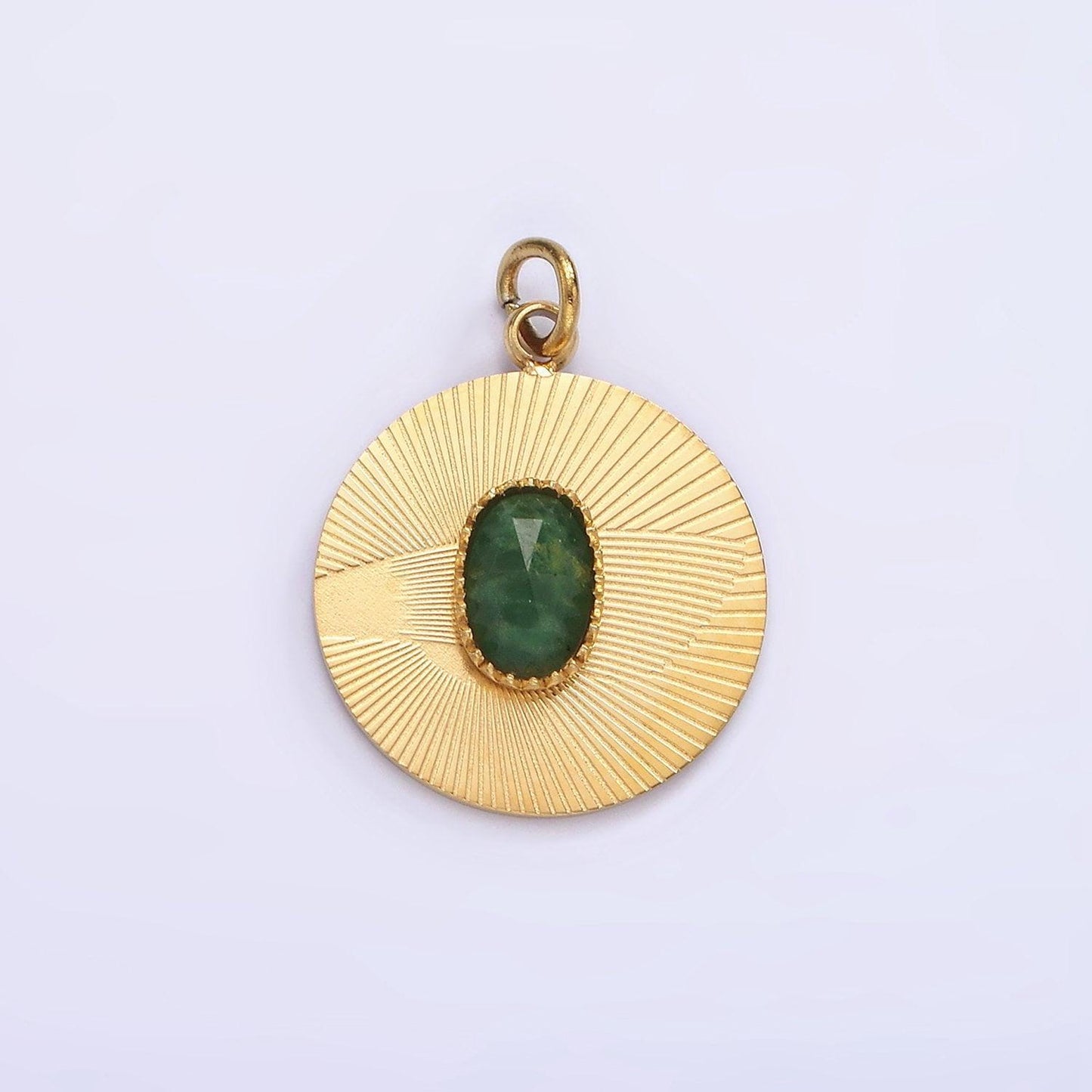 Stainless steel green aventurine multifaceted cabochon line-textured round charm in gold & silver | p1329