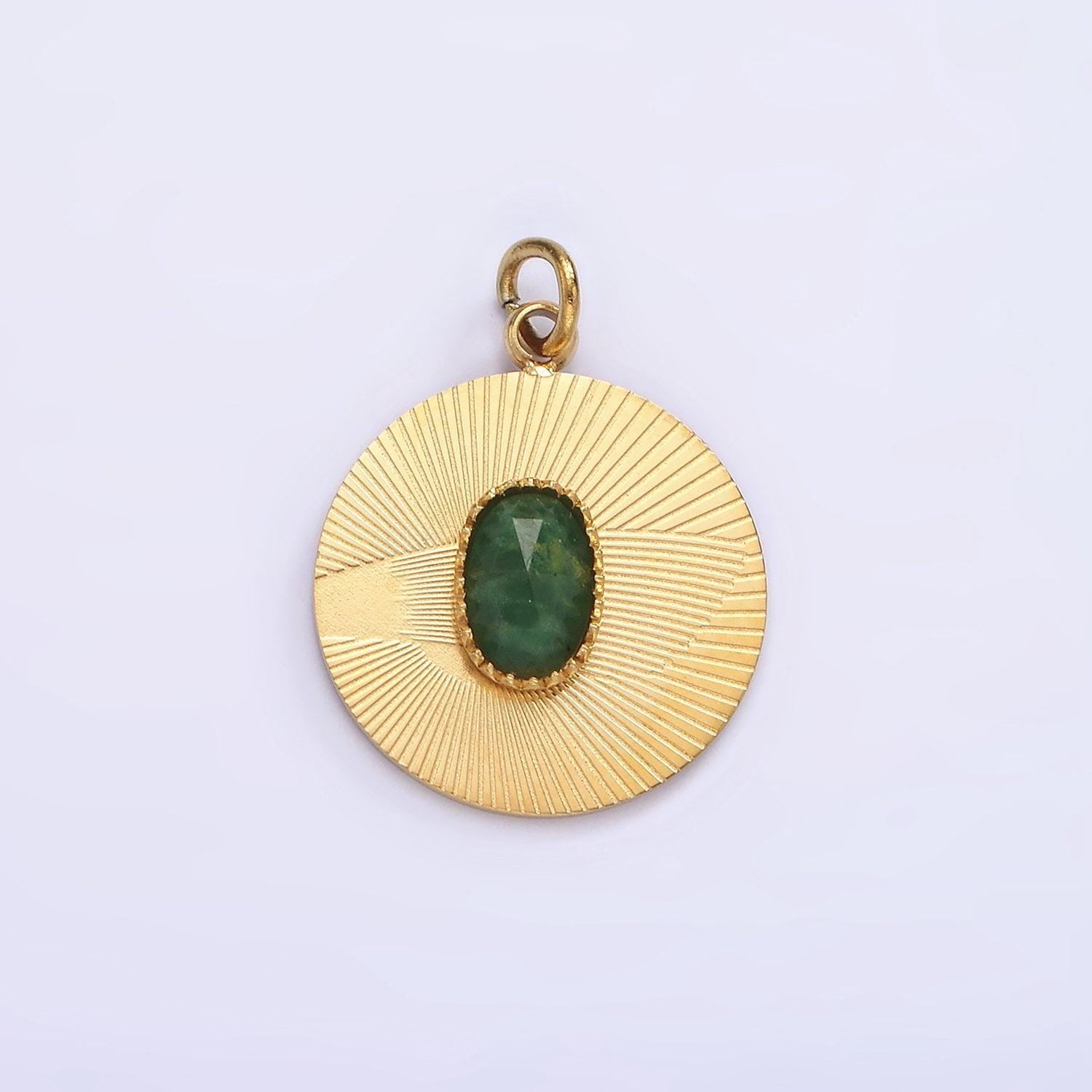 Stainless steel green aventurine multifaceted cabochon line-textured round charm in gold & silver | p1329