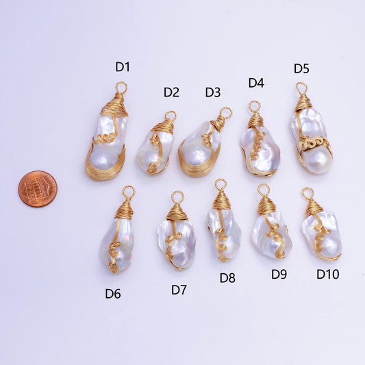 One of a kind big bold white baroque keishi freshwater pearl with handmade gold wired pendant in gold statement jewelry p-1854