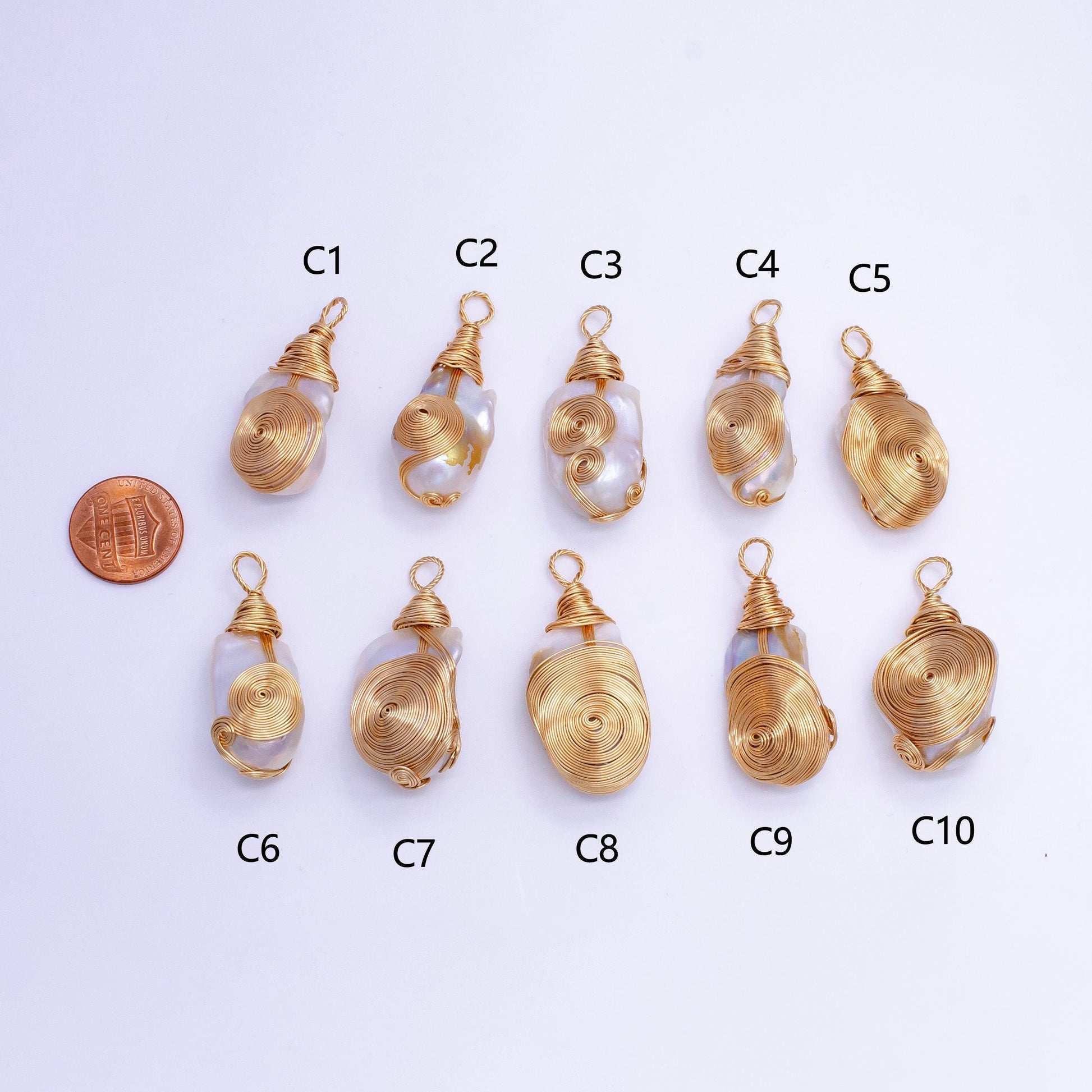 One of a kind big bold white baroque keishi freshwater pearl with handmade gold wired pendant in gold statement jewelry p-1854