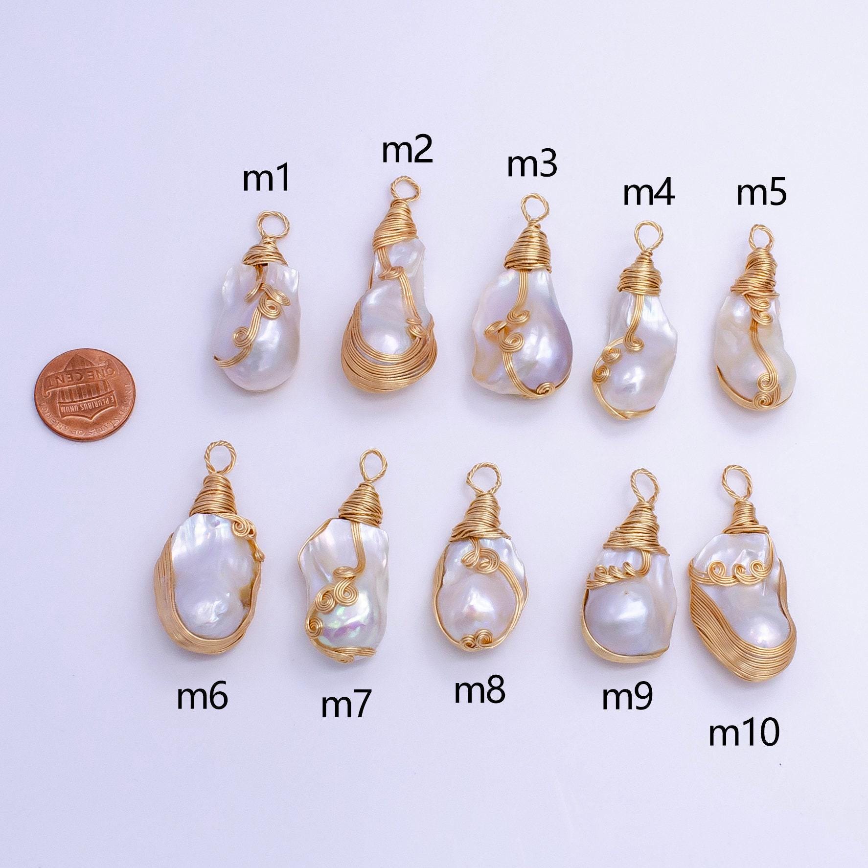 One of a kind big bold white baroque keishi freshwater pearl with handmade gold wired pendant in gold statement jewelry p-1854