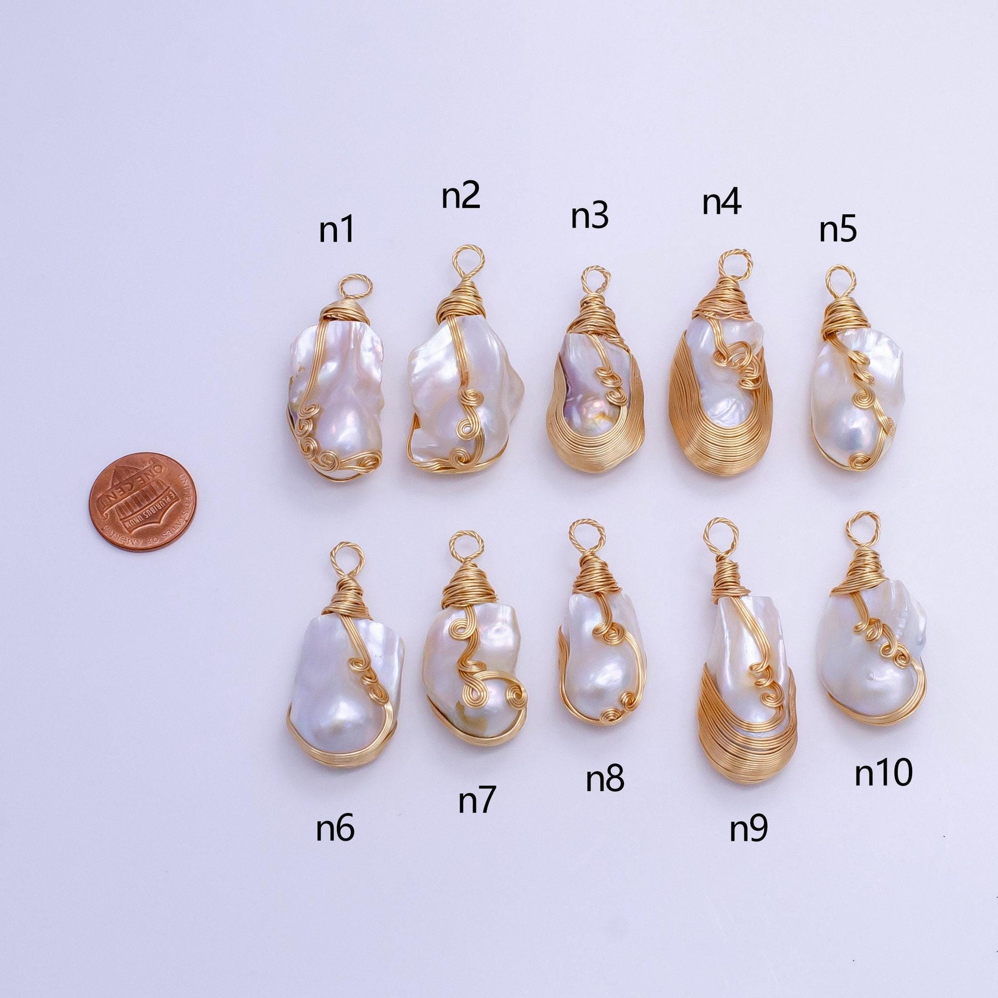 One of a kind big bold white baroque keishi freshwater pearl with handmade gold wired pendant in gold statement jewelry p-1854
