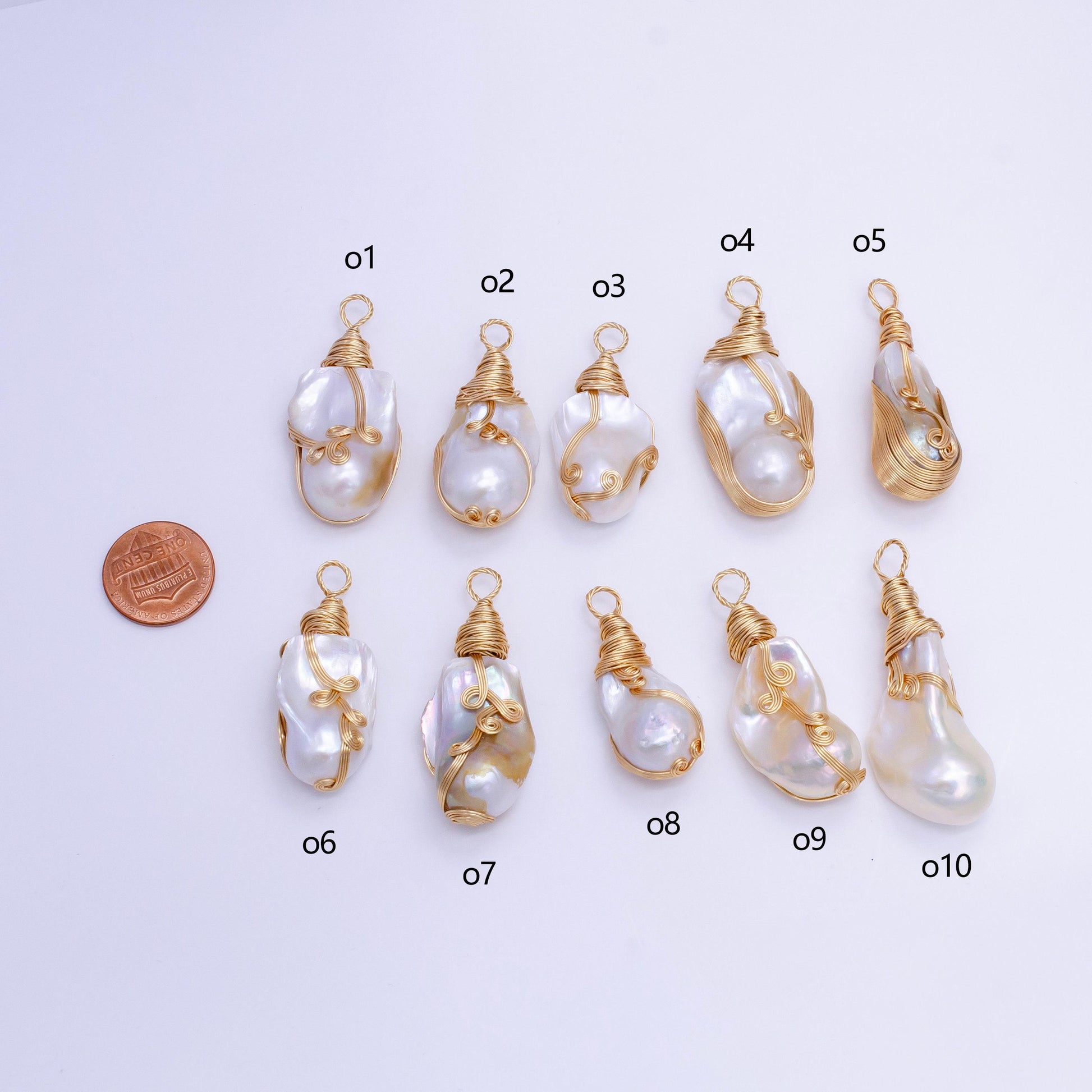 One of a kind big bold white baroque keishi freshwater pearl with handmade gold wired pendant in gold statement jewelry p-1854