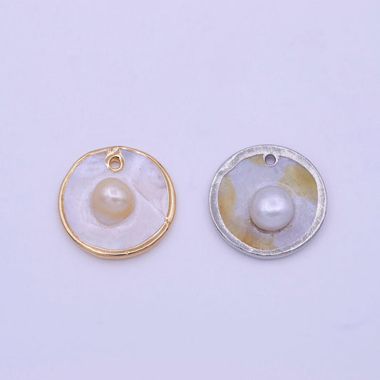 1pc wholesale natural mother of pearl charm abstract round circle shape aprox 29.5mm, gold / silver plated charm p1837
