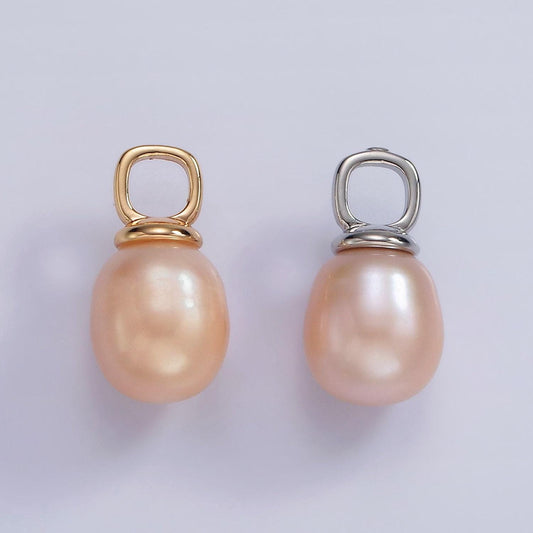 14k gold filled pink freshwater pearl drop square pendant in gold & silver | p1659