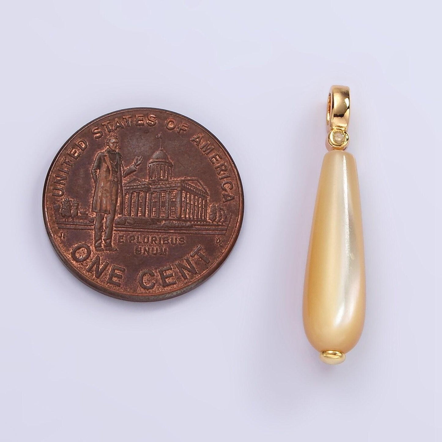 14k gold filled white, peach freshwater pearl linear teardrop clear cz bail pendant | p-1654 p-1655