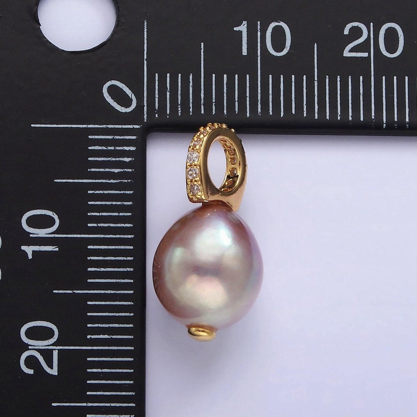 14k gold filled 19.5mm pink, purple pearl button drop micro paved cz pendant | p1643