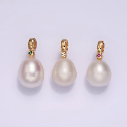 Dainty white potato pearl charms pendant with cz bail approx. 8x11mm for necklace component clear green cubic zirconia p-1607
