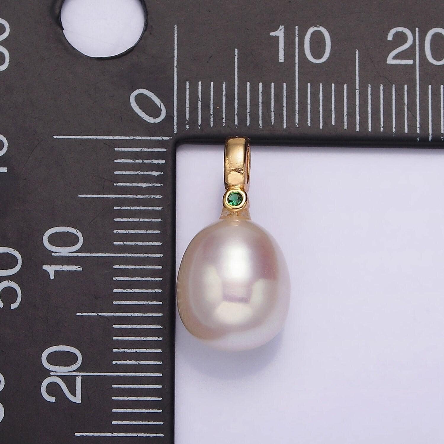 Dainty white potato pearl charms pendant with cz bail approx. 8x11mm for necklace component clear green cubic zirconia p-1607