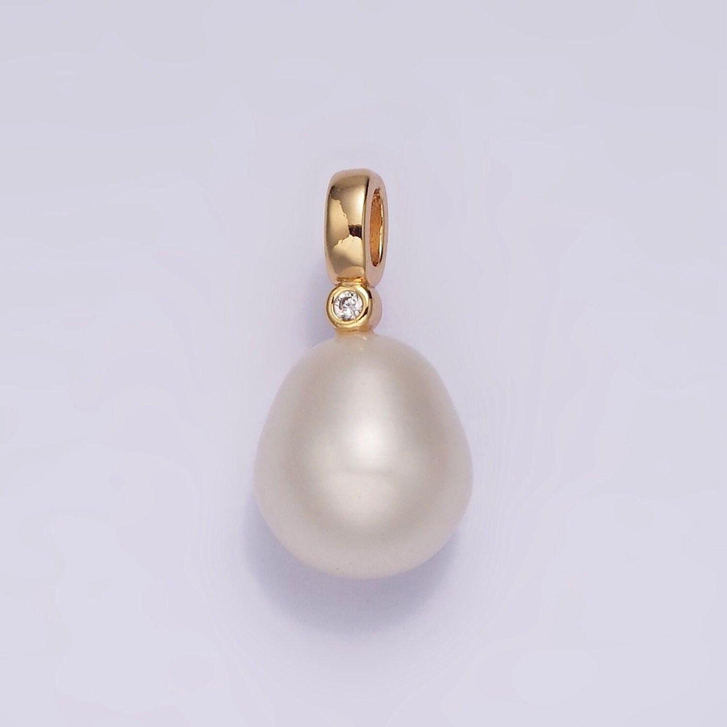 Dainty white potato pearl charms pendant with cz bail approx. 8x11mm for necklace component clear green cubic zirconia p-1607