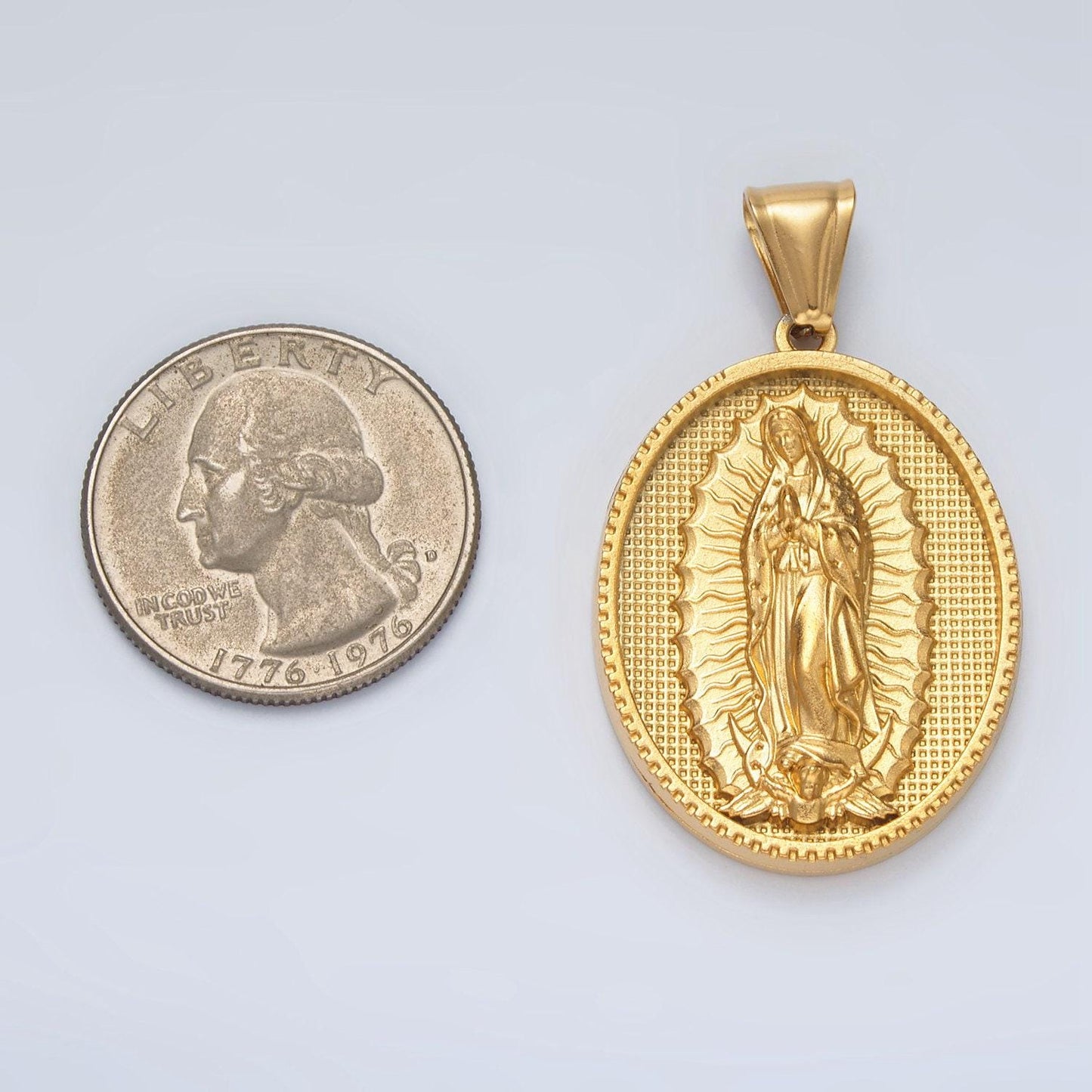 Bold gold lady guadalupe on oval charms stainless steel virgin mary pendant catholic religious necklace charm p1471