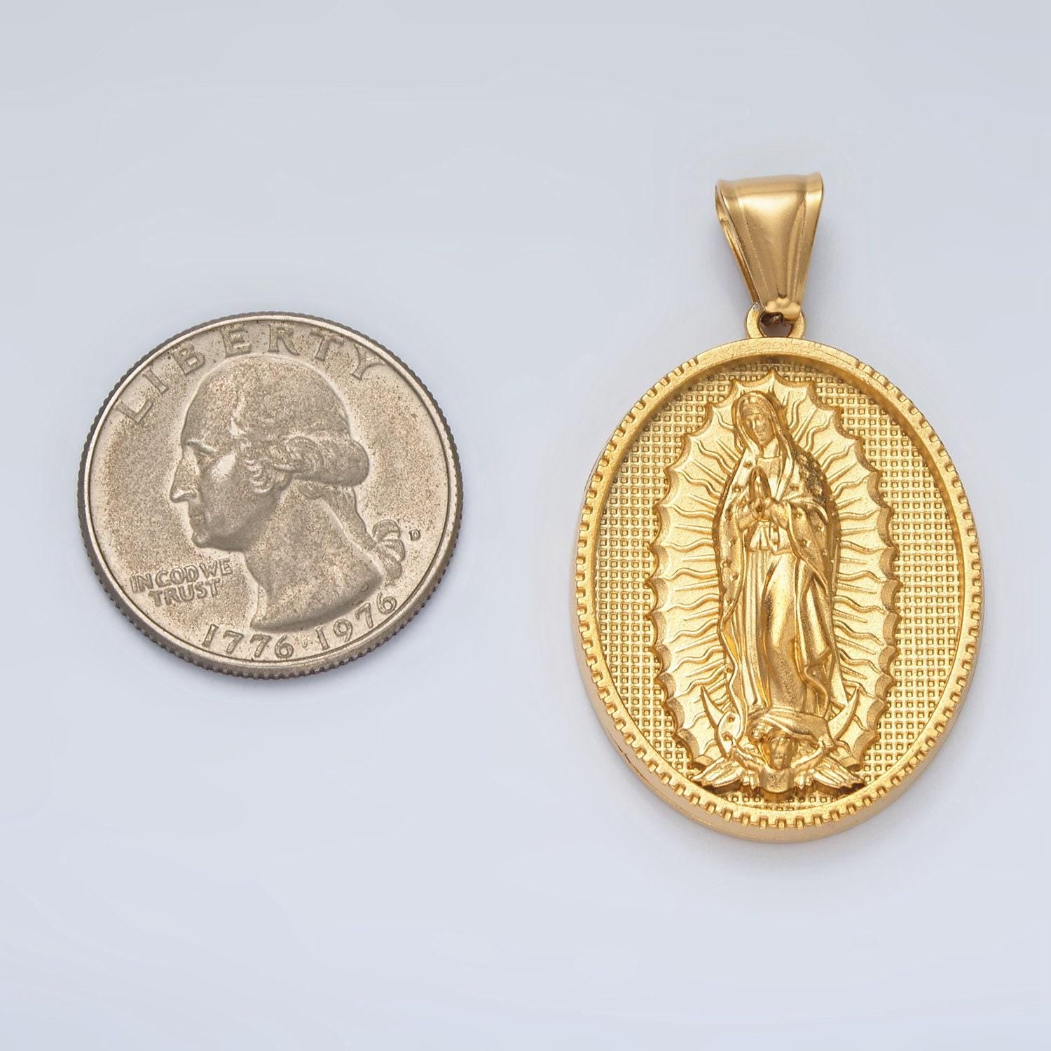 Bold gold lady guadalupe on oval charms stainless steel virgin mary pendant catholic religious necklace charm p1471
