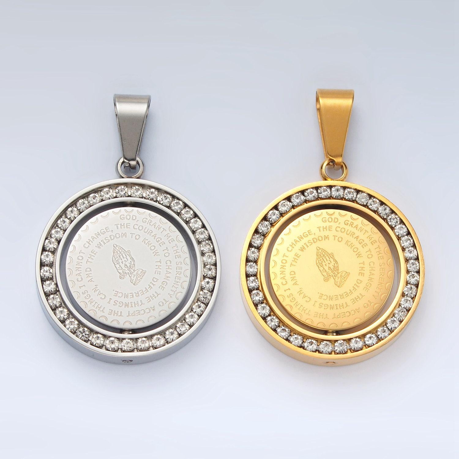 24k gold filled double sided serenity prayer & lord's prayer stainless steel swing medallion pendant | p1463