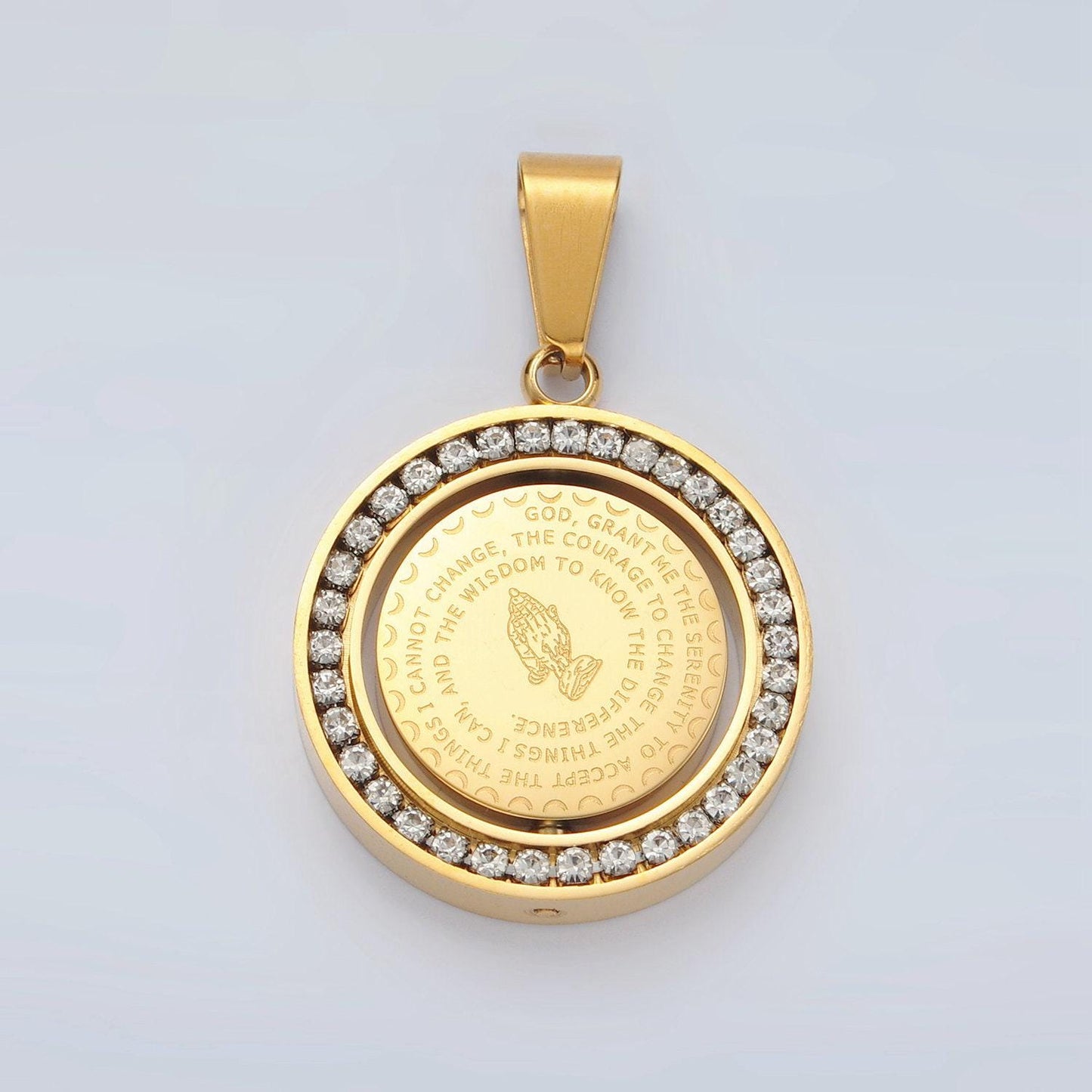 24k gold filled double sided serenity prayer & lord's prayer stainless steel swing medallion pendant | p1463