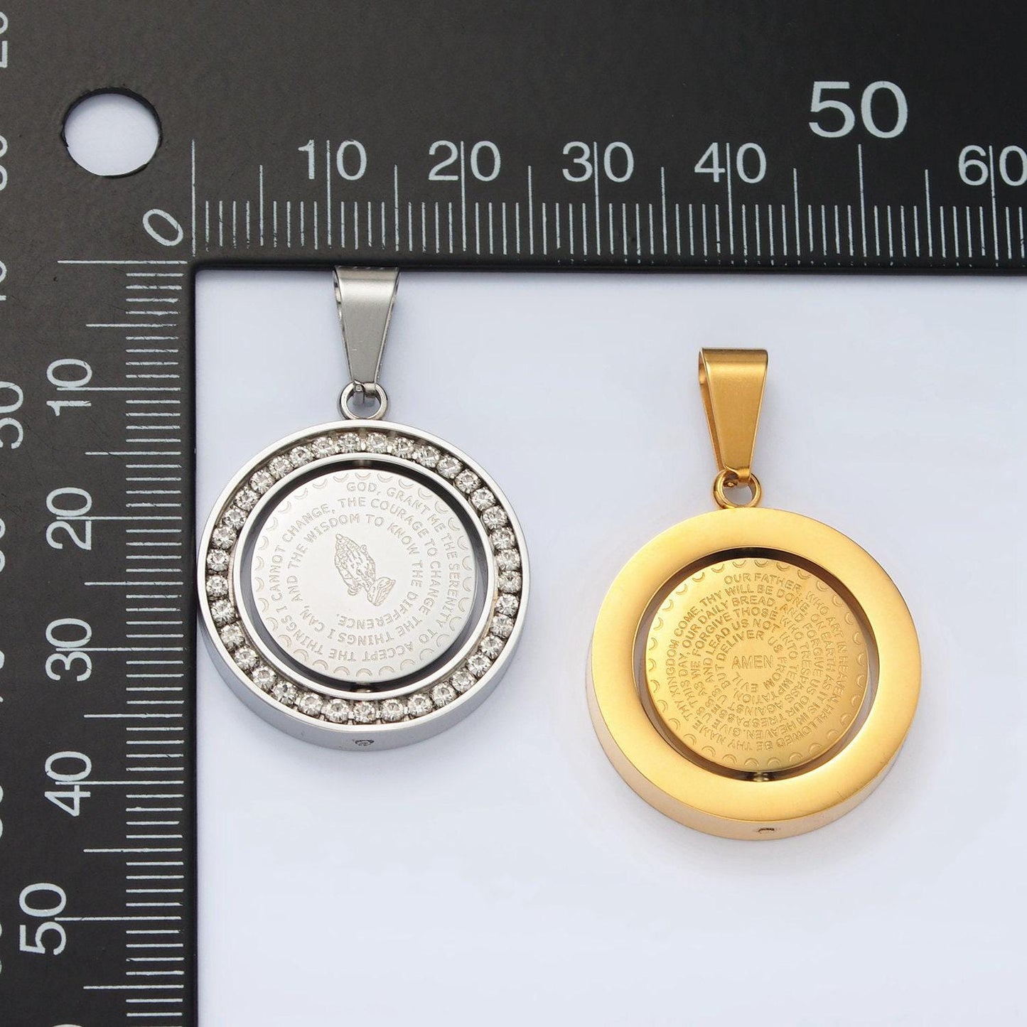 24k gold filled double sided serenity prayer & lord's prayer stainless steel swing medallion pendant | p1463