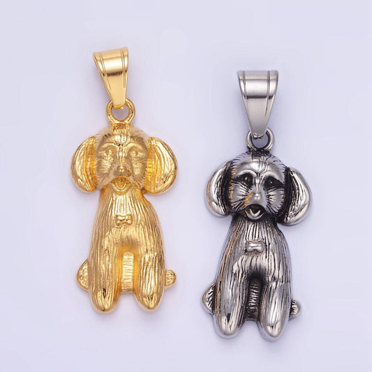 Stainless steel 36.5mm bow-tied puppy dog pet textured pendant in gold silver for necklace charm | p1460