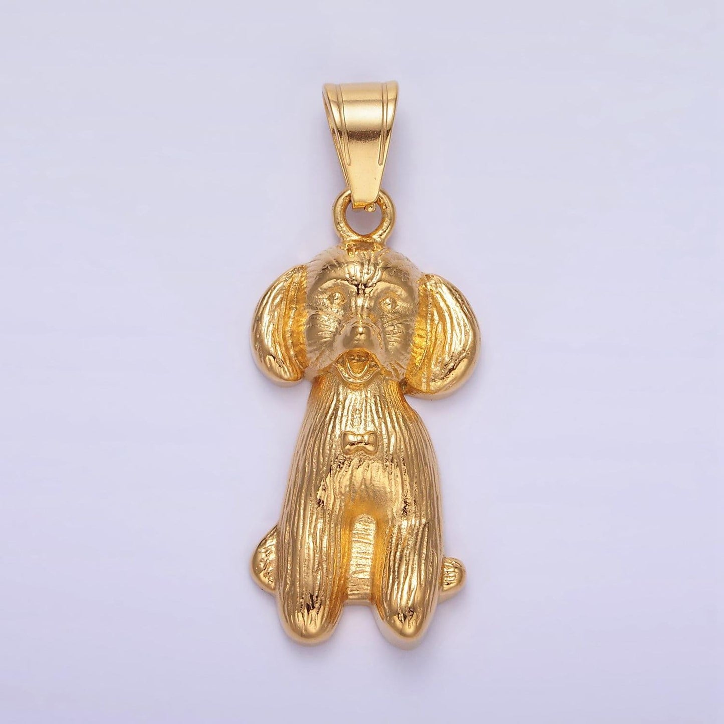Stainless steel 36.5mm bow-tied puppy dog pet textured pendant in gold silver for necklace charm | p1460