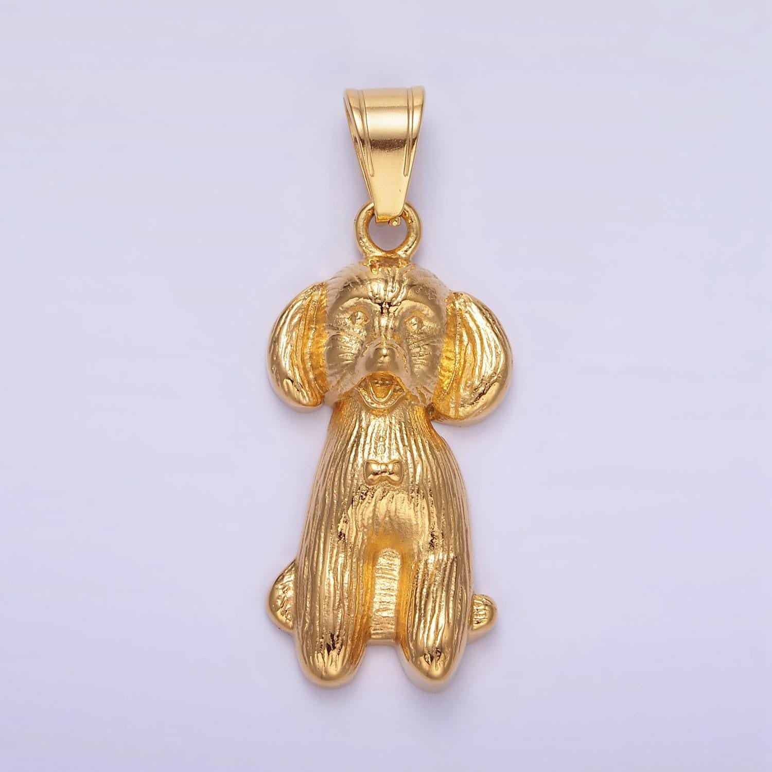 Stainless steel 36.5mm bow-tied puppy dog pet textured pendant in gold silver for necklace charm | p1460